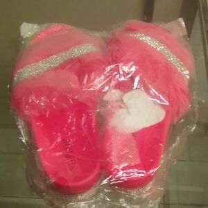 Pink Fuzzy Slippers with Rhinestone Detail